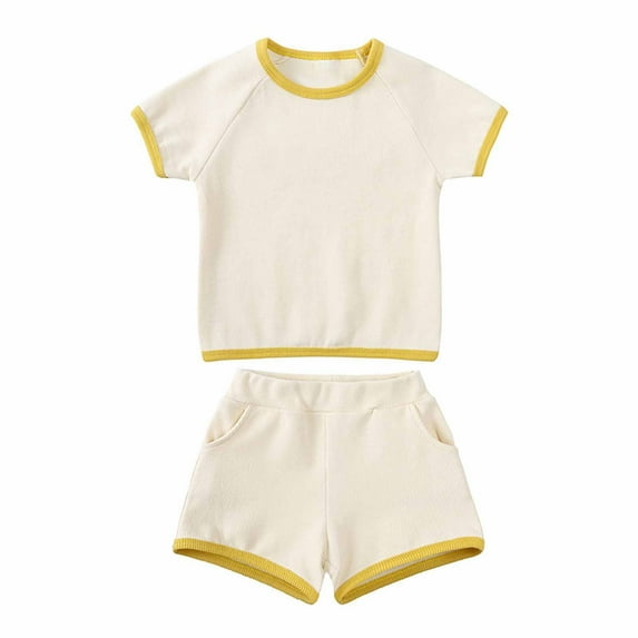 Wavsuf Boy Clothes Sets Shorts Comfort Short Sleeve Solid Cotton Yellow Outfits Set Size 4-5 Years