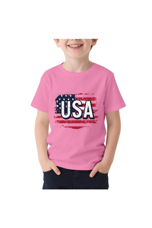 Boys 4th of July T-shirts, Short Sleeve Summer Party Crew Neck Graphic Tees Pink Size 8