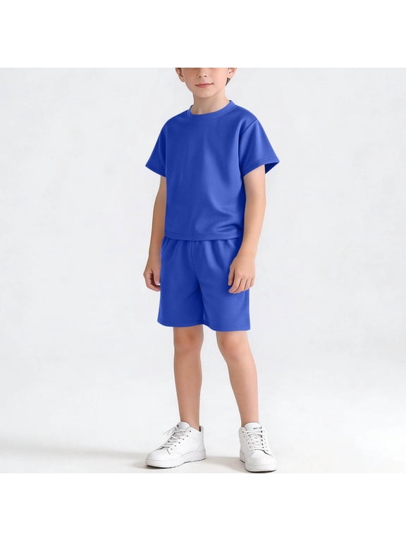 Boys Athletic Outfit Sets, Short Sleeve 2 Piece Quick-drying Casual T Shirts with Shorts Blue Size 10-12