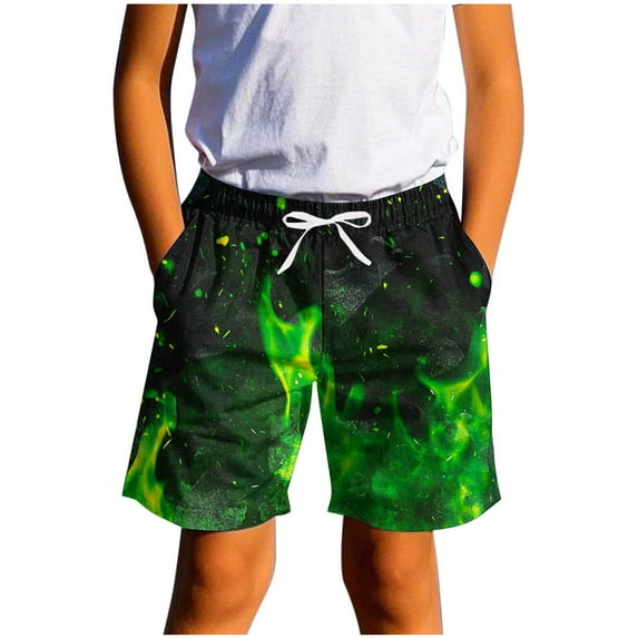 Cethrio Boys Athletic Shorts, Drawstring Printed Casual Beach Summer Shorts Green Size 7-8 T