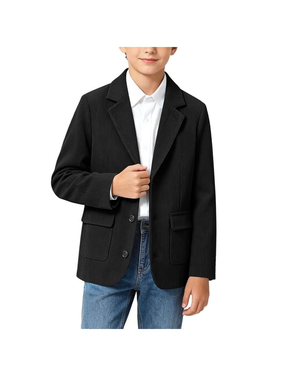Boys Blazer Jackets, Single‑Breasted Notched Lapel Wedding Corduroy Formal Outerwear Black Size 10-12