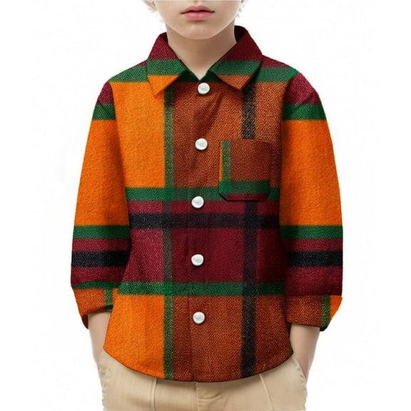 Cethrio Boys' Button Down Shirts, Casual Plaid Fall Collared Long Sleeve Shirts Orange Size 6