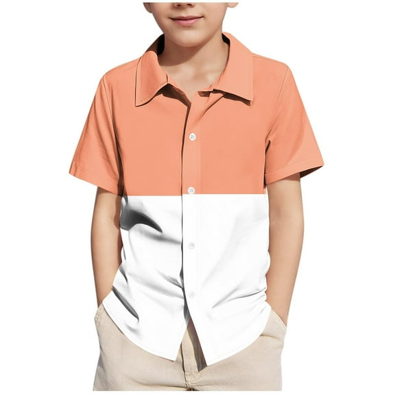 Cethrio Boys' Button Down Shirts, Casual School Summer Holiday Short Sleeve Shirts Orange Size 7-8T