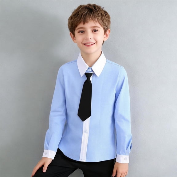 Cethrio Boys' Button Down Shirts, Collared Casual Cotton School Uniform Long Sleeve Shirts Black Size 5T