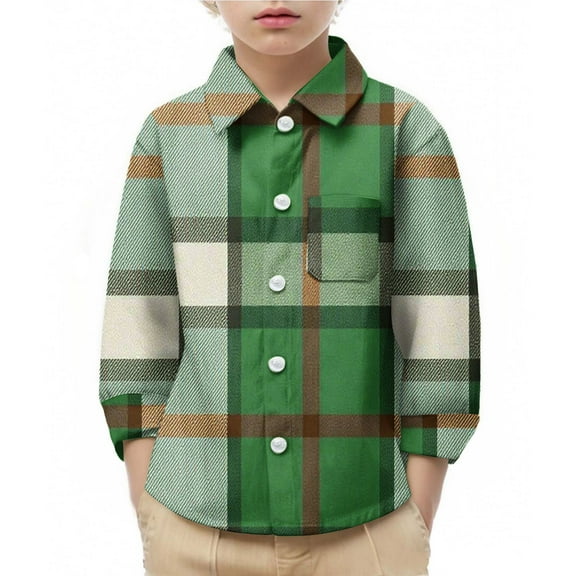 Cethrio Boys' Button Down Shirts, Collared School Casual Plaid Long Sleeve Shirts Green Size 8