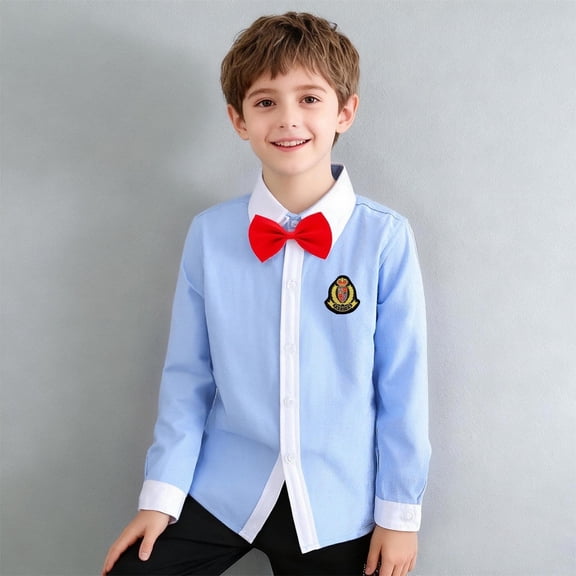 Cethrio Boys' Button Down Shirts, Cotton Bow Tie Casual School Uniform Long Sleeve Shirts Red Size 6