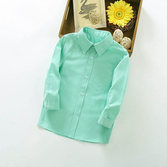 Cethrio Boys Button Down Shirts, Cotton Turn-down Collar Long Sleeve Casual Tops Green Size 10-11 T