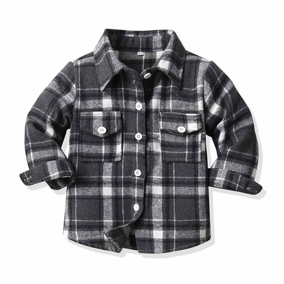 Cethrio Boys Button Down Shirts, Long Sleeve Plaid Cotton Fall Winter Tops Black Size 18-24 M