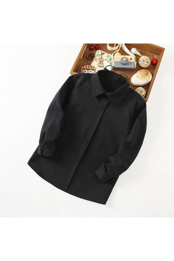 Boys Button Down Shirts, Long Sleeve Turn-down Collar Cotton Casual Tops Black Size 10-11 T