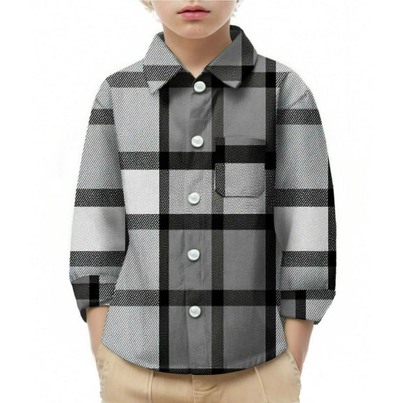 Cethrio Boys' Button Down Shirts, School Casual Plaid Collared Long Sleeve Shirts Dark Gray Size 8