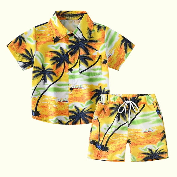 Cethrio Boys Button Down Shirts Set, Turn-down Collar Short Sleeve Cotton Summer Clothes Yellow Size 2-3T