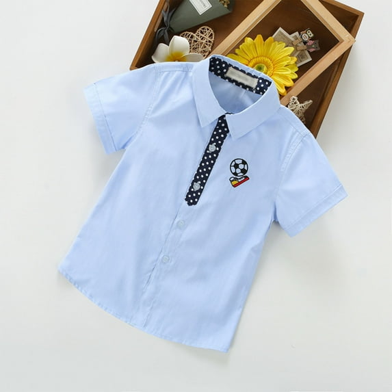 Cethrio Boys Button Down Shirts, Short Sleeve Print Cotton Summer Tops Light Blue Size 8-9 T