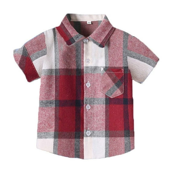 Cethrio Boys Button Down Shirts, Short Sleeve Turn-down Collar Cotton Summer Clothes Red Size 4T