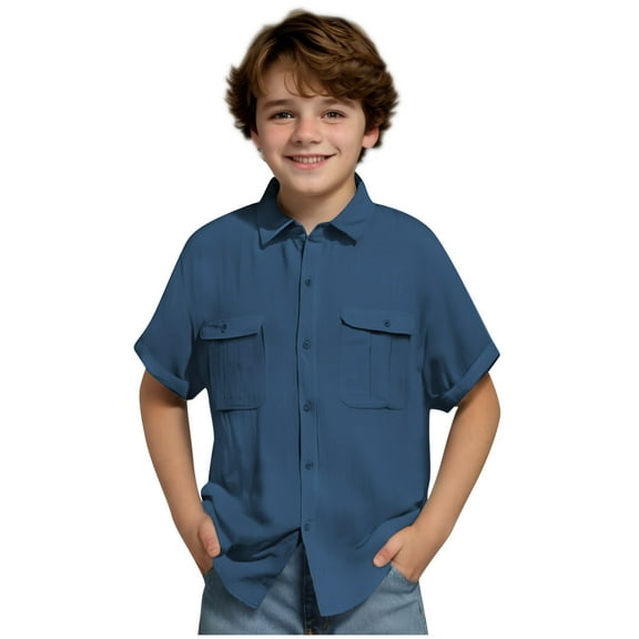 Cethrio Boys' Button Down Shirts, Summer Casual Cotton Linen School Short Sleeve Shirts Navy Size 10-12T