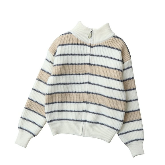 Cethrio Boys Cardigan Sweaters, Full Zip Stripe Stretch Knitting Cotton Sweaters for Boys White Size 6