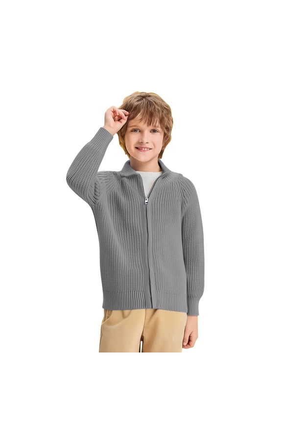 Boys Cardigan Sweaters Size 10-12, Zip up Lapel Stretch Knitting Cotton Sweaters for Boys Gray
