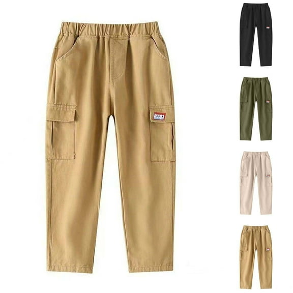 Cethrio Boys Cargo Pants Size 10-12, Casual Multi-pocket Elastic Waist School Straight-leg Pants Khaki