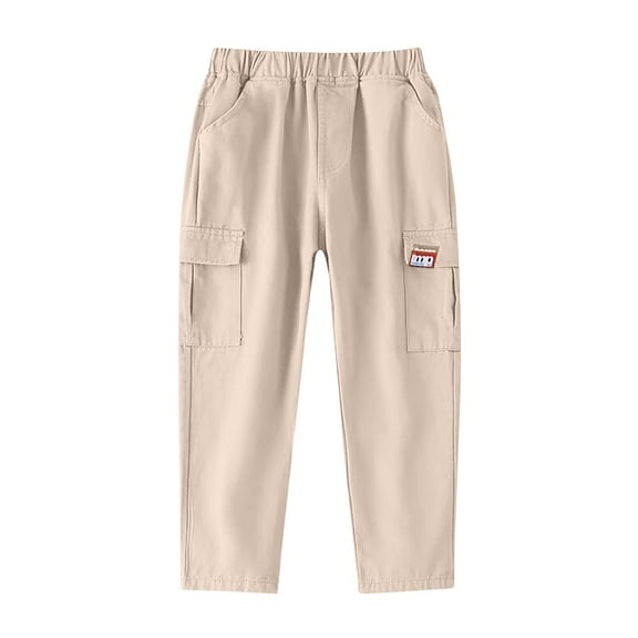 Cethrio Boys Cargo Pants, Casual Multi-pocket School Elastic Waist Straight-leg Pants Beige Size 12