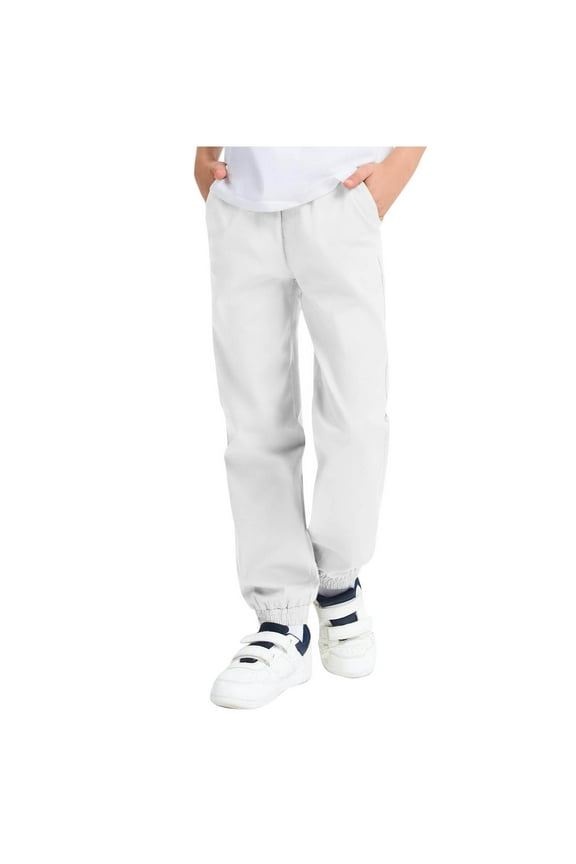 Boys Cargo Pants, Elastic Bottom Relaxed Fit Cotton Casual School Uniform Pants White Size 12