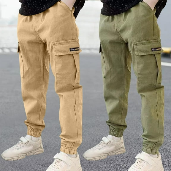 Cethrio Boys Cargo Pants, Relaxed Cotton 2 Piece Elastic Waist Jogger Pants Coffee Size 11-12 T