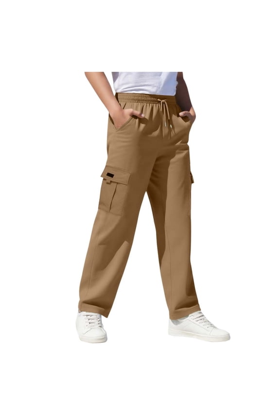Boys Cargo Pants Size 14-16, Casual Open Bottom Relaxed Fit Drawstring School Pants Khaki