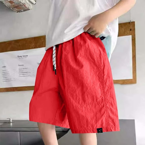 Cethrio Boys Cargo Shorts, Casual Relaxed Fit Elastic Waist Summer Knee Length Shorts Red Size 14-16