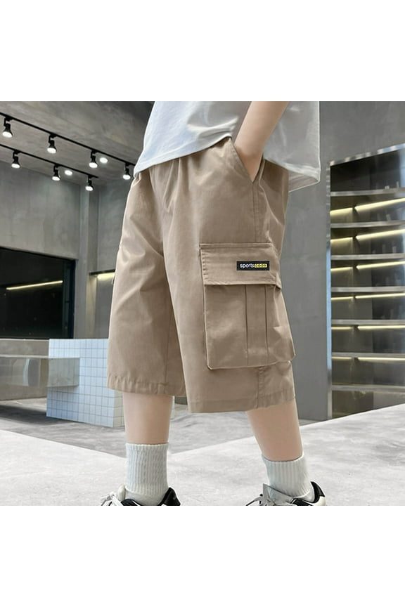 Boys Cargo Shorts , Elastic Waist Cotton Athletic Loose Summer Shorts Khaki Size 10-11 T