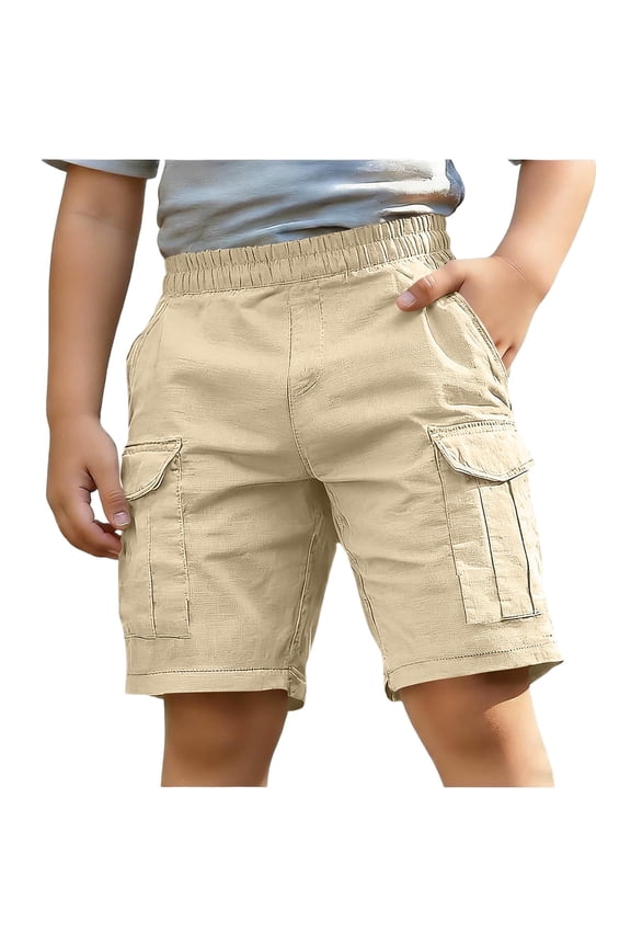 Boys Cargo Shorts, Summer Casual Relaxed Fit Cotton Linen Knee Length Shorts Khaki Size 8