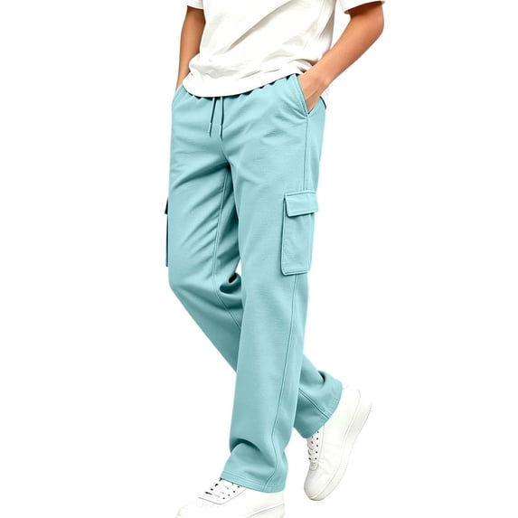 Cethrio Boys Cargo Sweatpants, Fleece-lined Open Bottom Multiple Pockets Elastic Waist Straight-leg Pants Light Blue Size 9-10 T