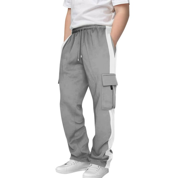 Cethrio Boys Cargo Sweatpants Size 10-12, Open Bottom Casual Relaxed Fit Drawstring Athletic Pants Gray