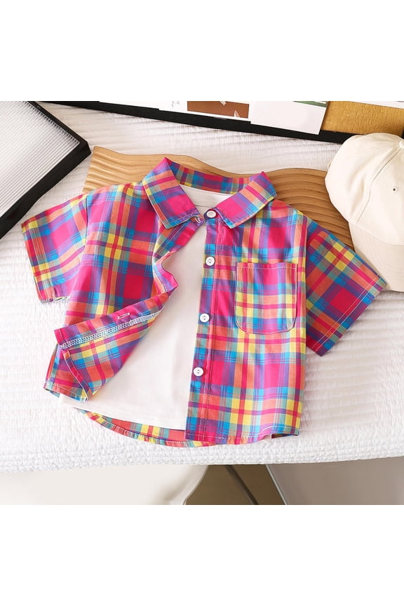 Boys Casual Button Down Shirts, Cotton Fashion Summer Plaid Short Sleeve Shirts Hot Pink Size 7