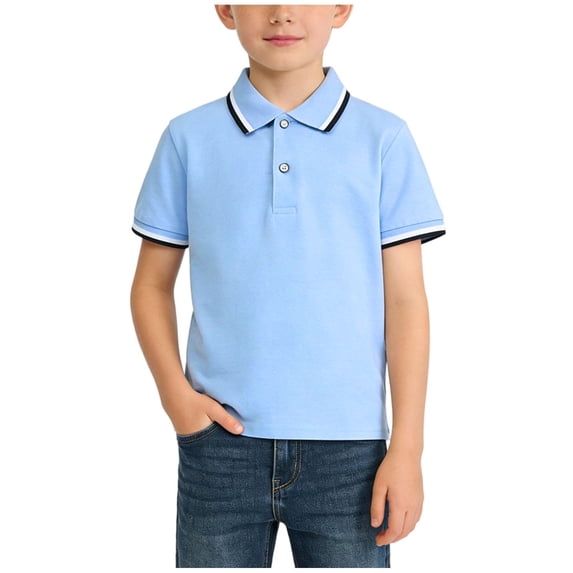 Cethrio Boys Casual Polo Shirts, Collared School Uniform Buttons Cotton Summer Tops Blue Size 8