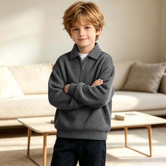 Cethrio Boys Collared Sweatshirts, Waffle Knit Pullover Zipper Long Sleeve Fall Tops Dark Gray Size 9-10 T