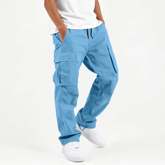 Cethrio Boys Cotton Cargo Pants, Outdoor Elastic Waist Casual Multiple Pockets Straight-leg Pants Blue Size 10-11T