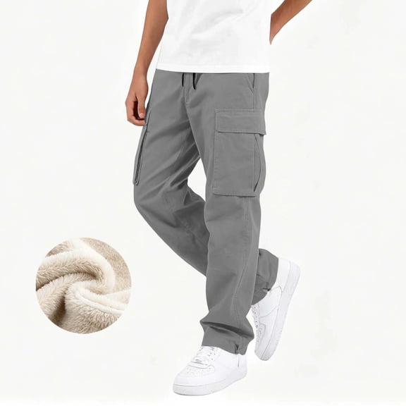 Cethrio Boys Cotton Cargo Pants Size 10-12, Fleece-lined Straight-leg Elastic Waist Warm Winter Pants with Pockets Gray