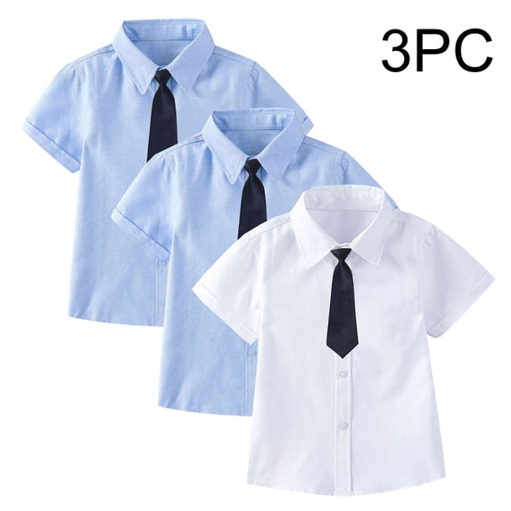 Cethrio Boys Cotton Dress Shirts, 3 Piece Short Sleeve School Uniform Casual Kids Button-down Shirts Blue Size 4