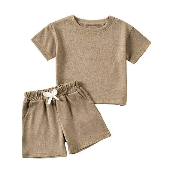 Cethrio Boys Cotton Outfit Sets, Short Sleeve Summer Solid Color T-shirts and Shorts Brown Size 6
