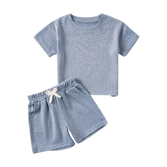 Cethrio Boys Cotton Outfit Sets, Solid Color Summer Short Sleeve T-shirts and Shorts Blue Size 5T