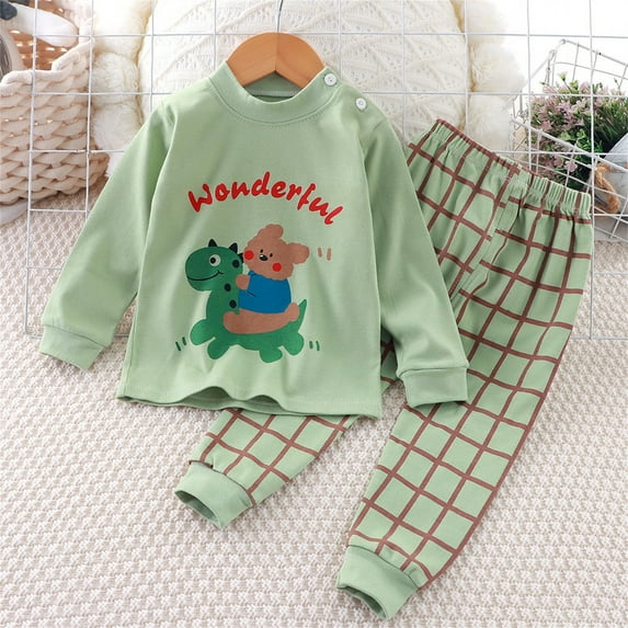 Cethrio Boys Cotton Pajama Sets, 2 Piece Long Sleeve Crewneck Graphic Boys' Sleepwear Green Size 6