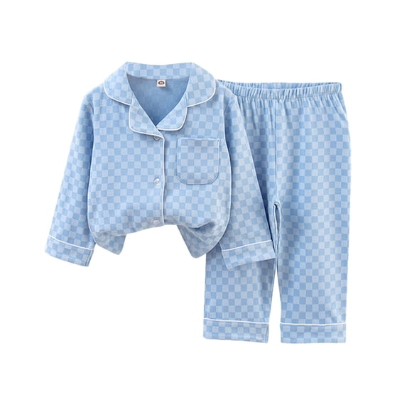 Cethrio Boys Cotton Pajama Sets, 2-piece Collared Long Sleeve Comfy Sleepwear Sets Blue Size 1-2T