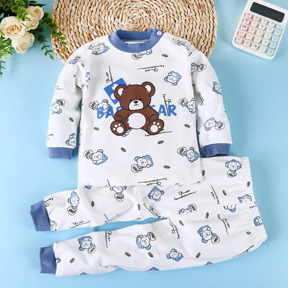 Cethrio Boys Cotton Pajama Sets, Crewneck 2 PC Long Sleeve Graphic Boys' Sleepwear Light Blue Size 7