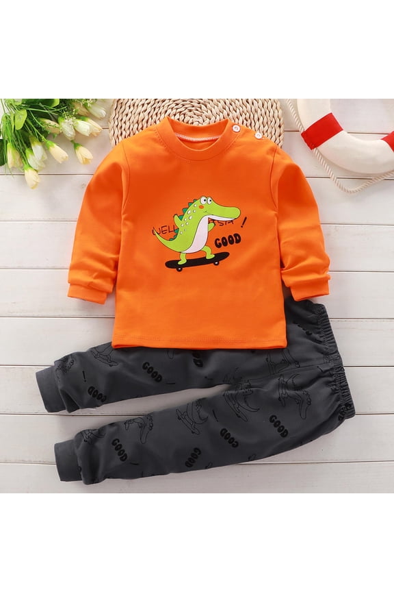 Boys Cotton Pajama Sets, Graphic Long Sleeve Crewneck 2 PC Boys' Sleepwear Orange Size 3-4 T
