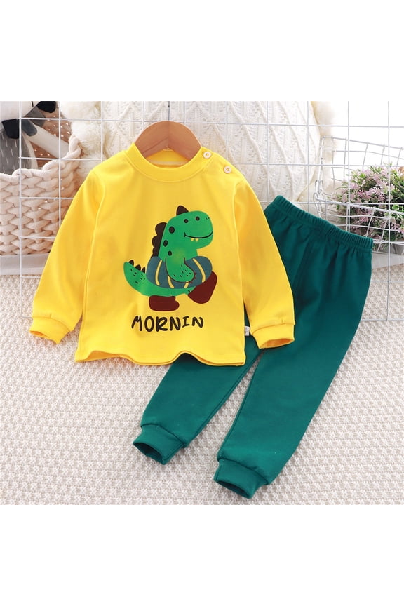 Boys Cotton Pajama Sets, Long Sleeve 2 Piece Graphic Crewneck Boys' Sleepwear Yellow Size 6Months-10T