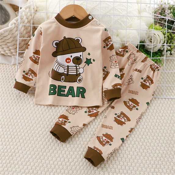 Cethrio Boys Cotton Pajama Sets, Long Sleeve Crewneck 2 Piece Cute Boys' Sleepwear Khaki Size 7-8 T