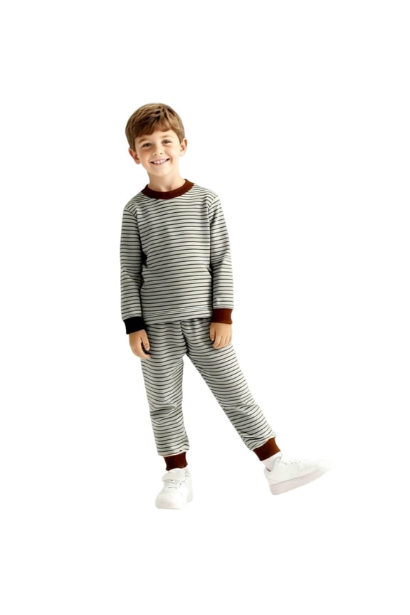 Boys Cotton Pajama Sets, Long Sleeve Thermal Winter Stripe Boys' Sleepwear Coffee Size 2-3T