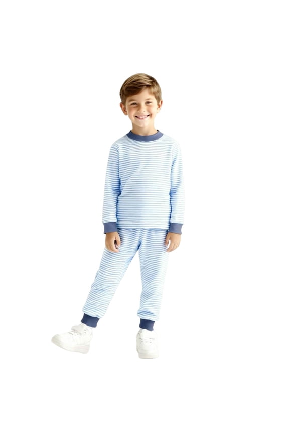 Boys Cotton Pajama Sets, Long Sleeve Winter Thermal Stripe Boys' Sleepwear Sky Blue Size 6