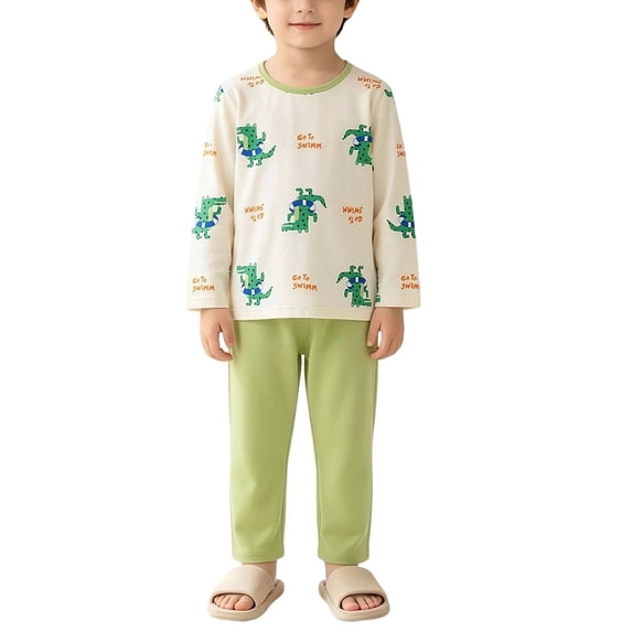 Cethrio Boys Cotton Pajama Sets, Printed Crew Neck 2 Piece Long Sleeve Boys' Sleepwear Green Size 6-7 T
