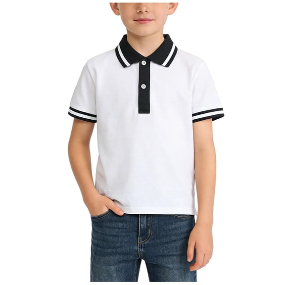 Cethrio Boys Cotton Polo Shirts, Casual Buttons School Uniform Collared Short Sleeve Shirts White Size 8