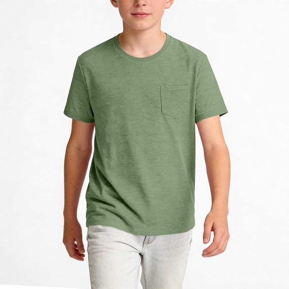 Cethrio Boys Cotton T-shirts, Casual Breathable Short Sleeve Crew Neck Kids Summer Tops with Pockets Green Size 14-15 T