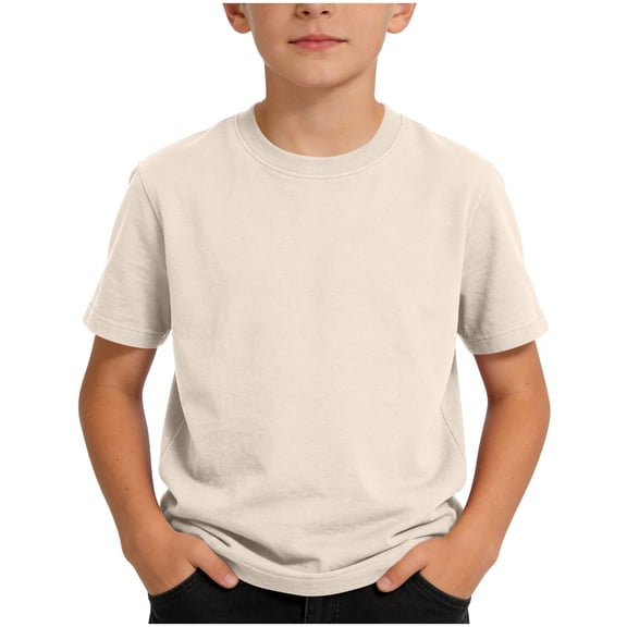 Cethrio Boys Cotton T-shirts, Casual Crew Neck Short Sleeve Soft Summer Tops for Boy Beige Size 14-16